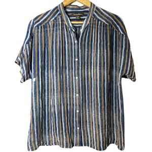 TOMMY BAHAMA Blue Sheer Short Sleeve Collarless Stripe Button Front Shirt LARGE